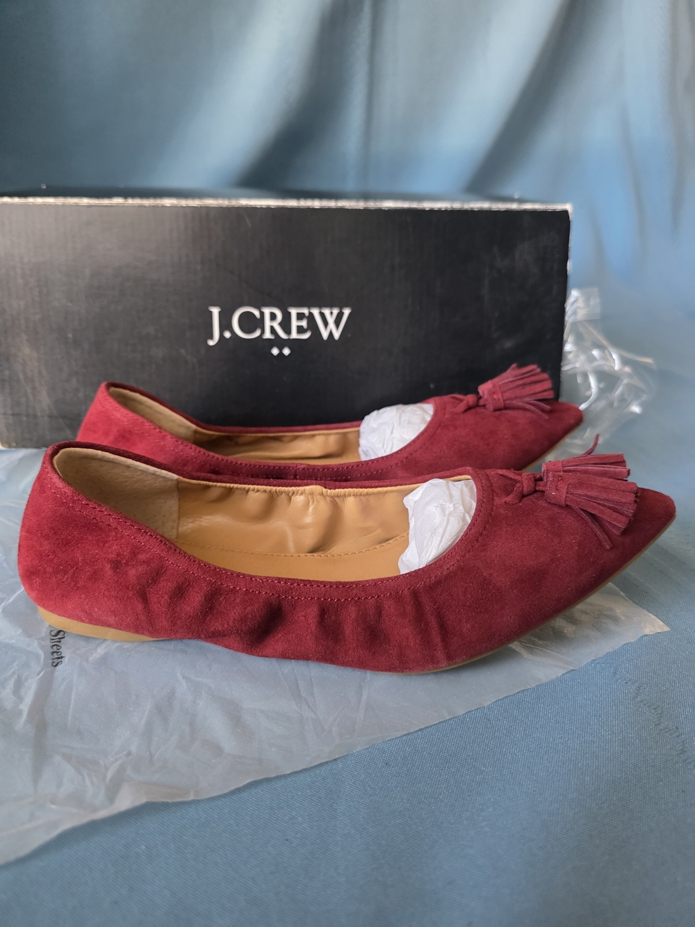 J.Crew Burgundy Suede Tassel Stretch Pointed Toe Flats Sz 5.5 New In Box